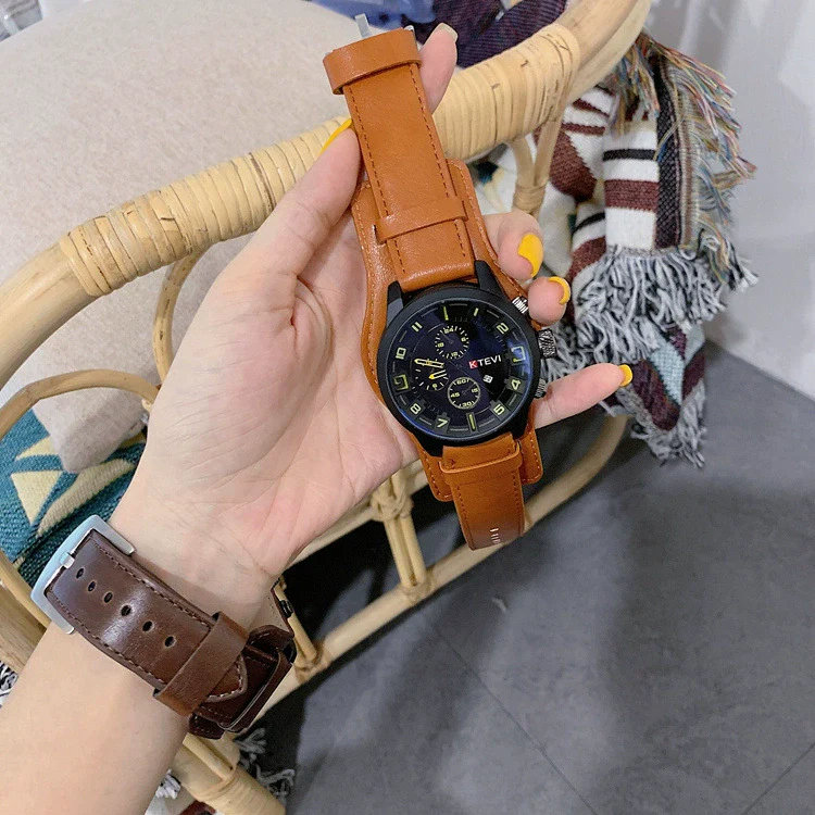 Military Watch Alloy Case Imitation Leather Strap Stainless Steel Clasp Round Dial Leisure Style - Image 6