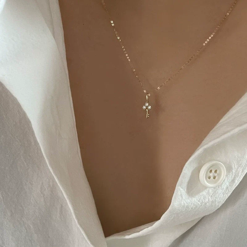 Mini Key Pendant Necklace 925 Sterling Silver Ochain For Women Electroplated 14K Gold With Diamond Design - Image 2