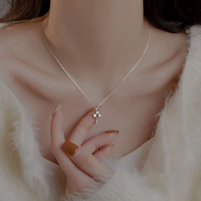 Mini Key Pendant Necklace 925 Sterling Silver Ochain For Women Electroplated 14K Gold With Diamond Design - Image 4