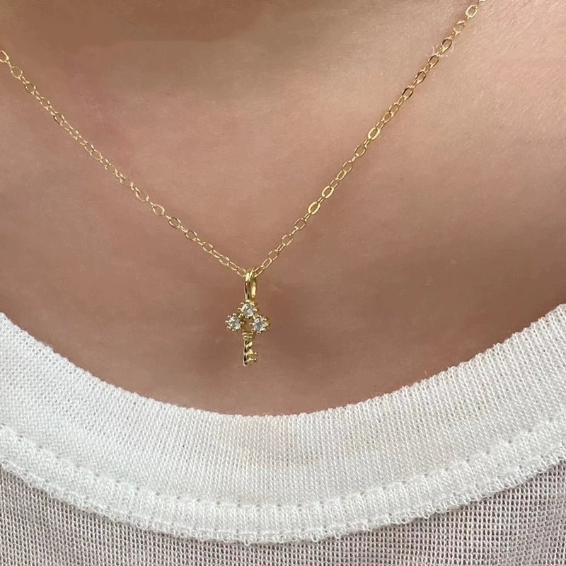 Mini Key Pendant Necklace 925 Sterling Silver Ochain For Women Electroplated 14K Gold With Diamond Design - Image 5