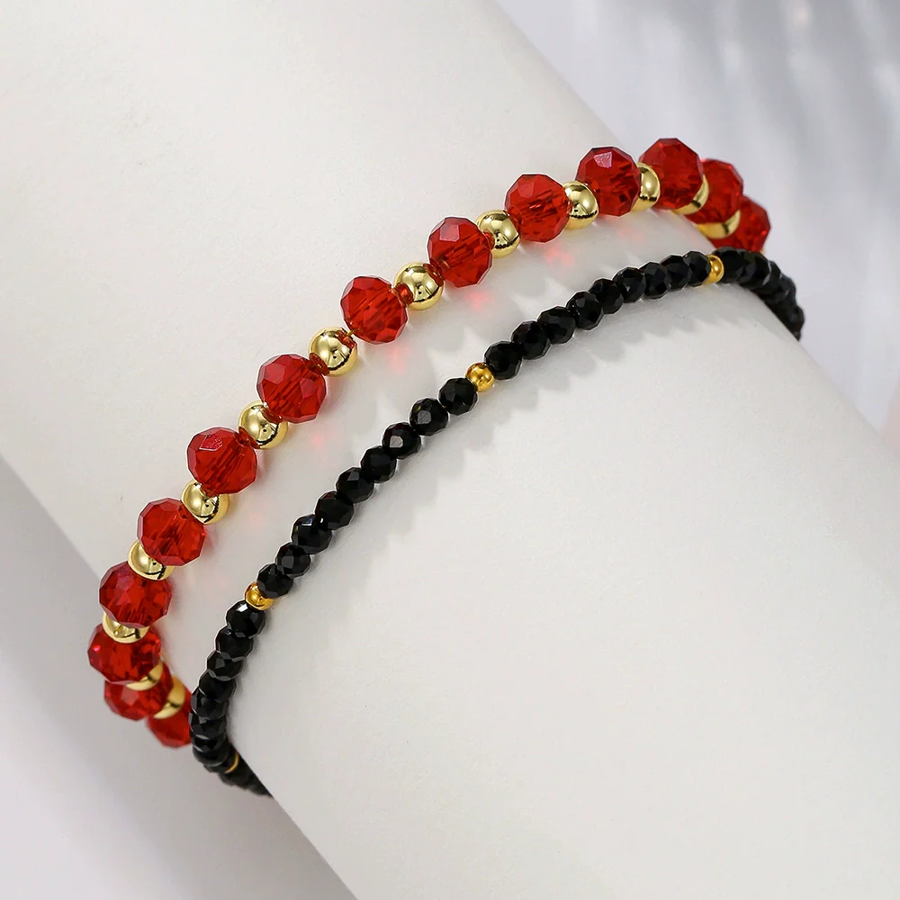 Mini Red Black Crystal Beaded Bracelet Handmade Geometric Glass Stainless Steel Bracelet For Women - Image 3
