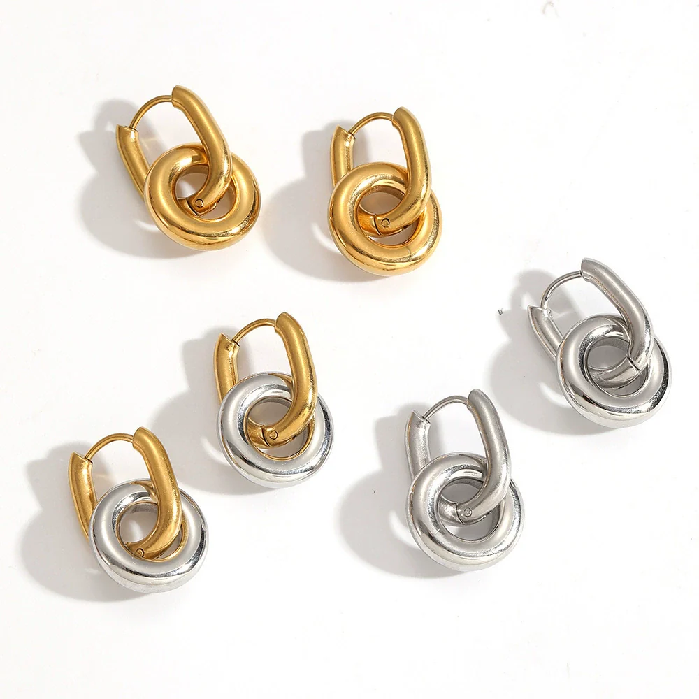 Minimalist Geometric Doublering Stainless Steel Earrings For Women With Pvd Furnace Vacuum Real Gold Plating - Image 4