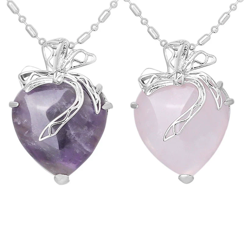 Minimalist Hollow Bow Natural Stone And Alloy Accessories Electroplated Valentine's Day Pendant Necklace - Image 5