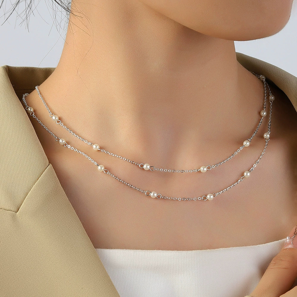 Minimalist Pearl Necklace Geometric Double Clavicle Chain For Women - Image 2