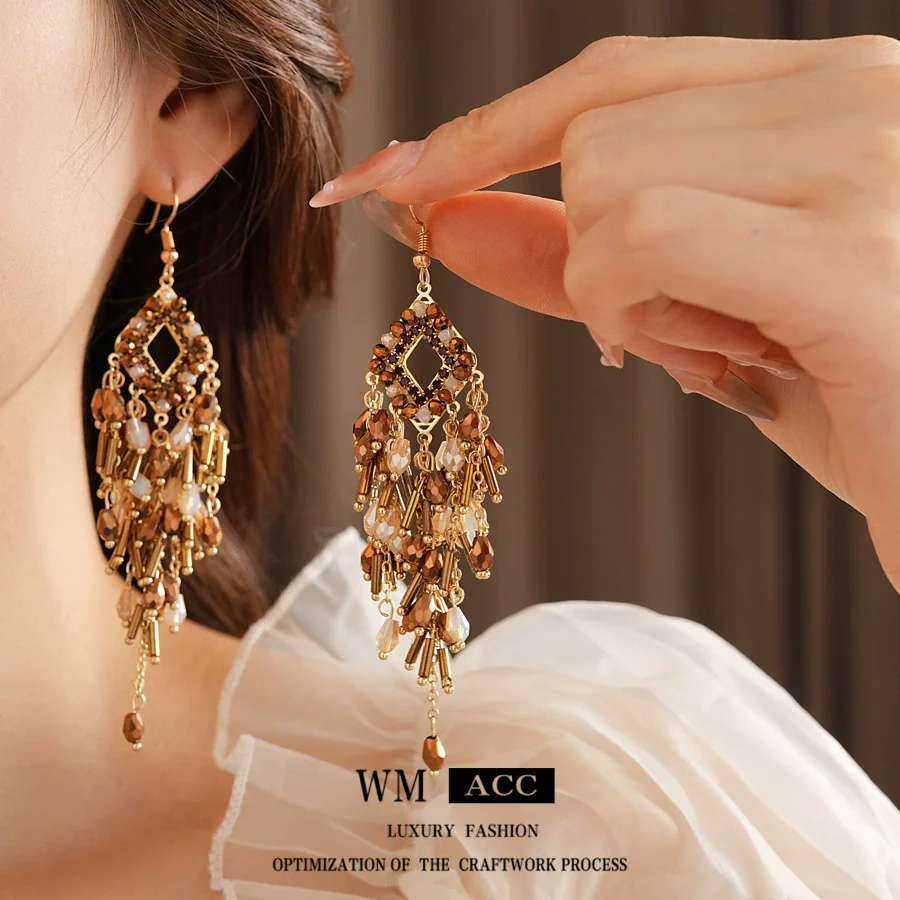 Mixed Materials Geometric Glass Crystal Tassel Earrings Set With Diamonds For Women Highend Retro Style - Image 2