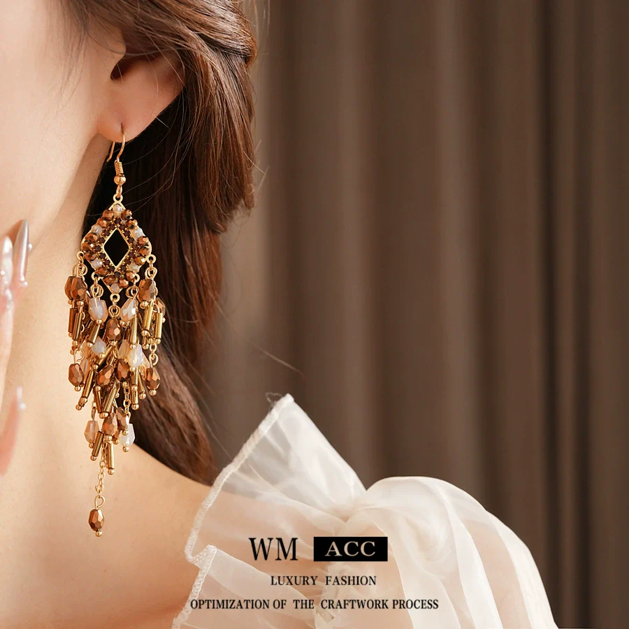 Mixed Materials Geometric Glass Crystal Tassel Earrings Set With Diamonds For Women Highend Retro Style - Image 4