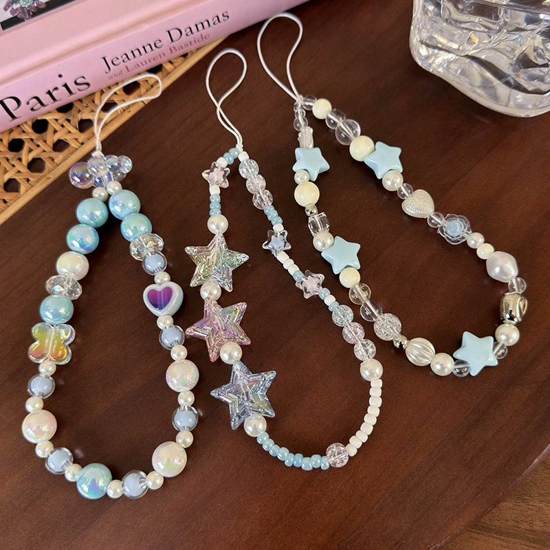 Mobile Phone Chain Lanyard Beaded Ornament Antilosing Rope Pendant Plastic Resin Blue Star Flowers Baking Paint - Image 2