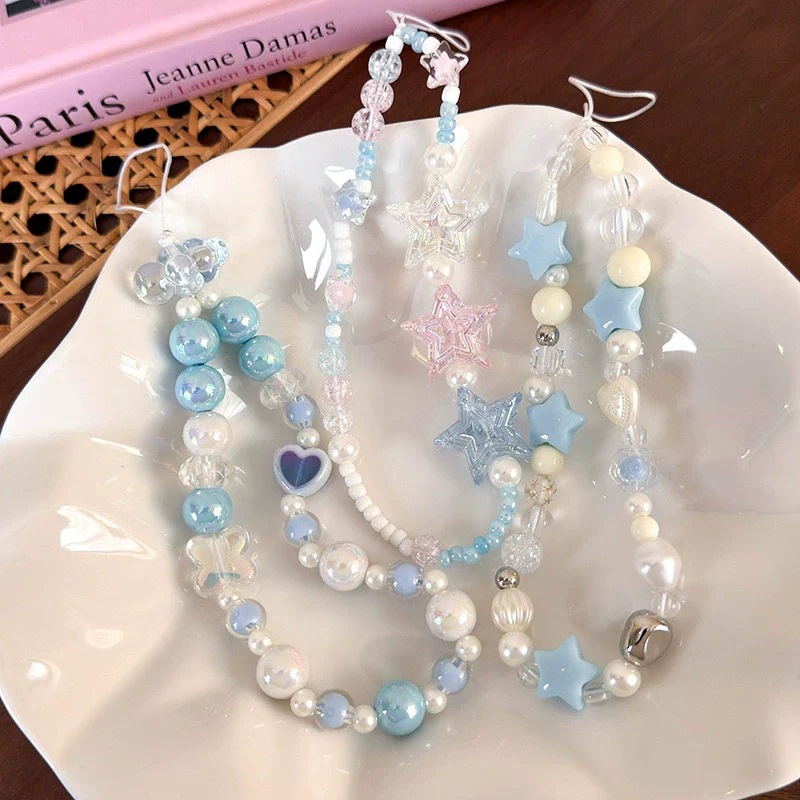 Mobile Phone Chain Lanyard Beaded Ornament Antilosing Rope Pendant Plastic Resin Blue Star Flowers Baking Paint - Image 3