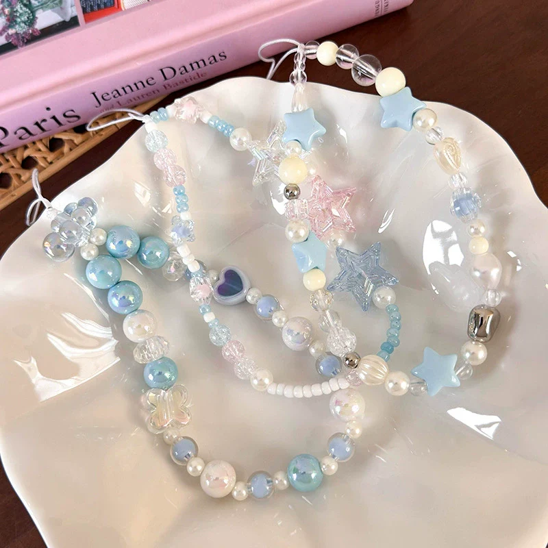 Mobile Phone Chain Lanyard Beaded Ornament Antilosing Rope Pendant Plastic Resin Blue Star Flowers Baking Paint - Image 4