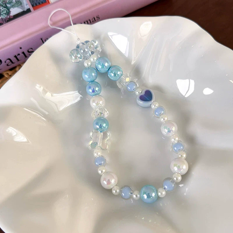 Mobile Phone Chain Lanyard Beaded Ornament Antilosing Rope Pendant Plastic Resin Blue Star Flowers Baking Paint - Image 7
