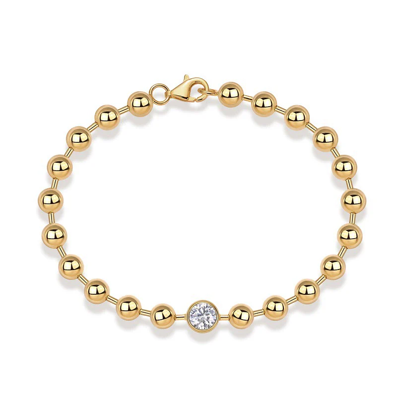 Moissanite Inlay 925 Silver Gold Bead Chain Geometric Style Women's Bracelet