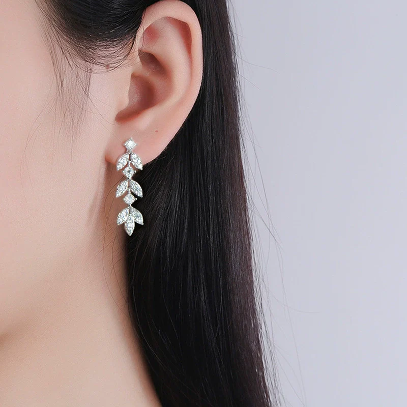 Moissanite Leaf Tassel Earrings S925 Silver Highend Jewelry - Image 3