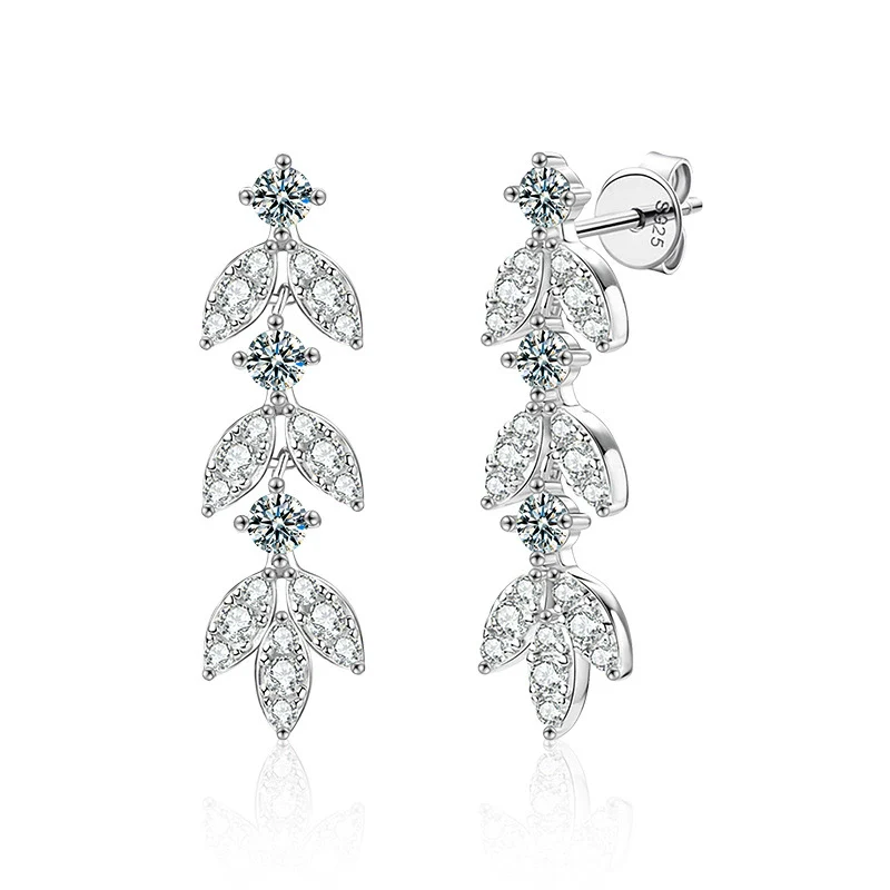 Moissanite Leaf Tassel Earrings S925 Silver Highend Jewelry - Image 4
