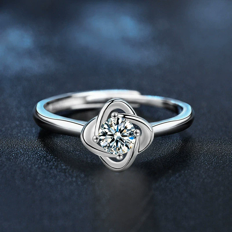 Moissanite S925 Sterling Silver Geometric Fourleaf Clover Ring Set With Diamonds Light Luxury Design
