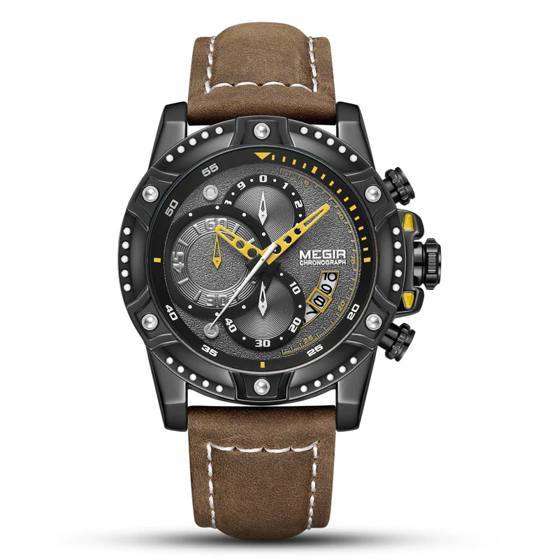 Multifunctional Chronograph Leather Sports Quartz Watch For Men Alloy Case Genuine Leather Strap Stainless Steel Clasp Round Dial - Image 2