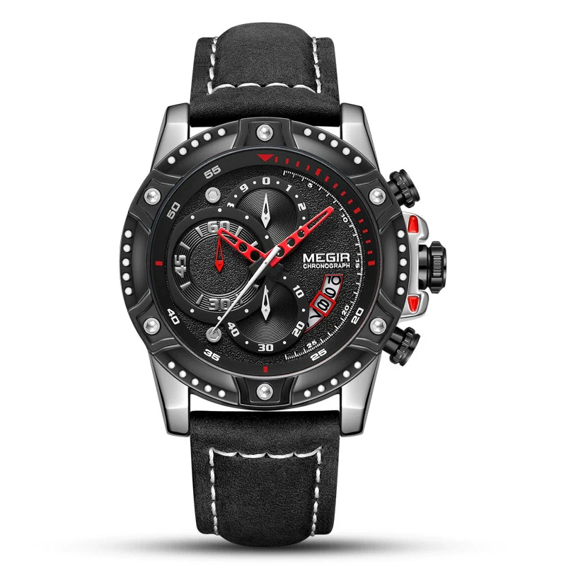 Multifunctional Chronograph Leather Sports Quartz Watch For Men Alloy Case Genuine Leather Strap Stainless Steel Clasp Round Dial - Image 3