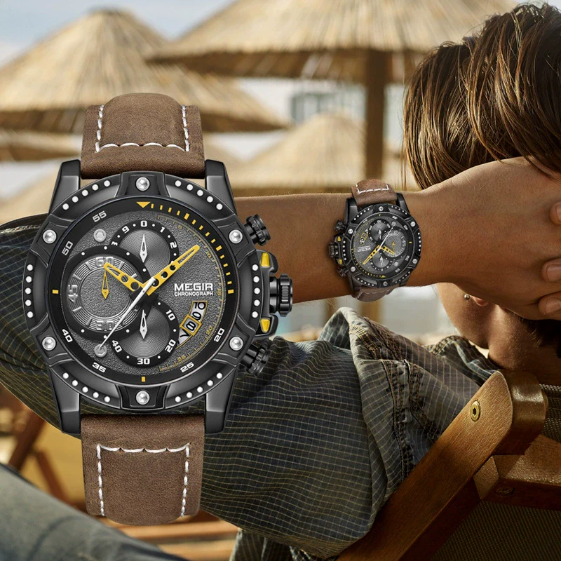 Multifunctional Chronograph Leather Sports Quartz Watch For Men Alloy Case Genuine Leather Strap Stainless Steel Clasp Round Dial - Image 4