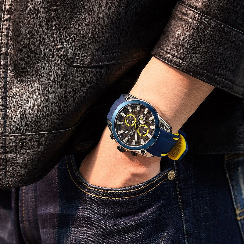 Multifunctional Chronograph Sports Watch For Men Alloy Case Silicone Strap Mineral Strengthened Glass Mirror Round Dial - Image 3