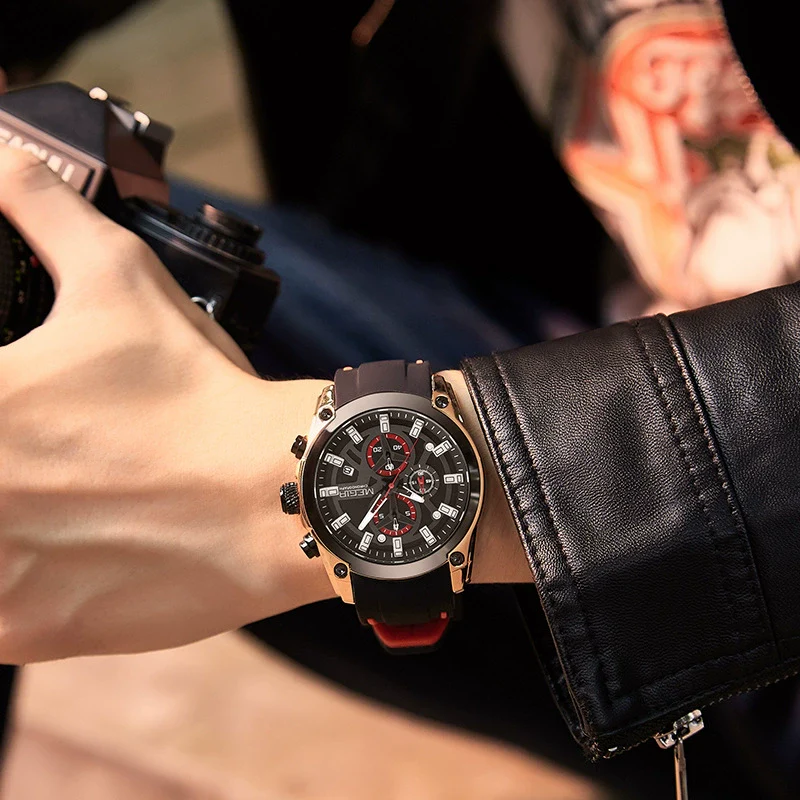 Multifunctional Chronograph Sports Watch For Men Alloy Case Silicone Strap Mineral Strengthened Glass Mirror Round Dial - Image 4