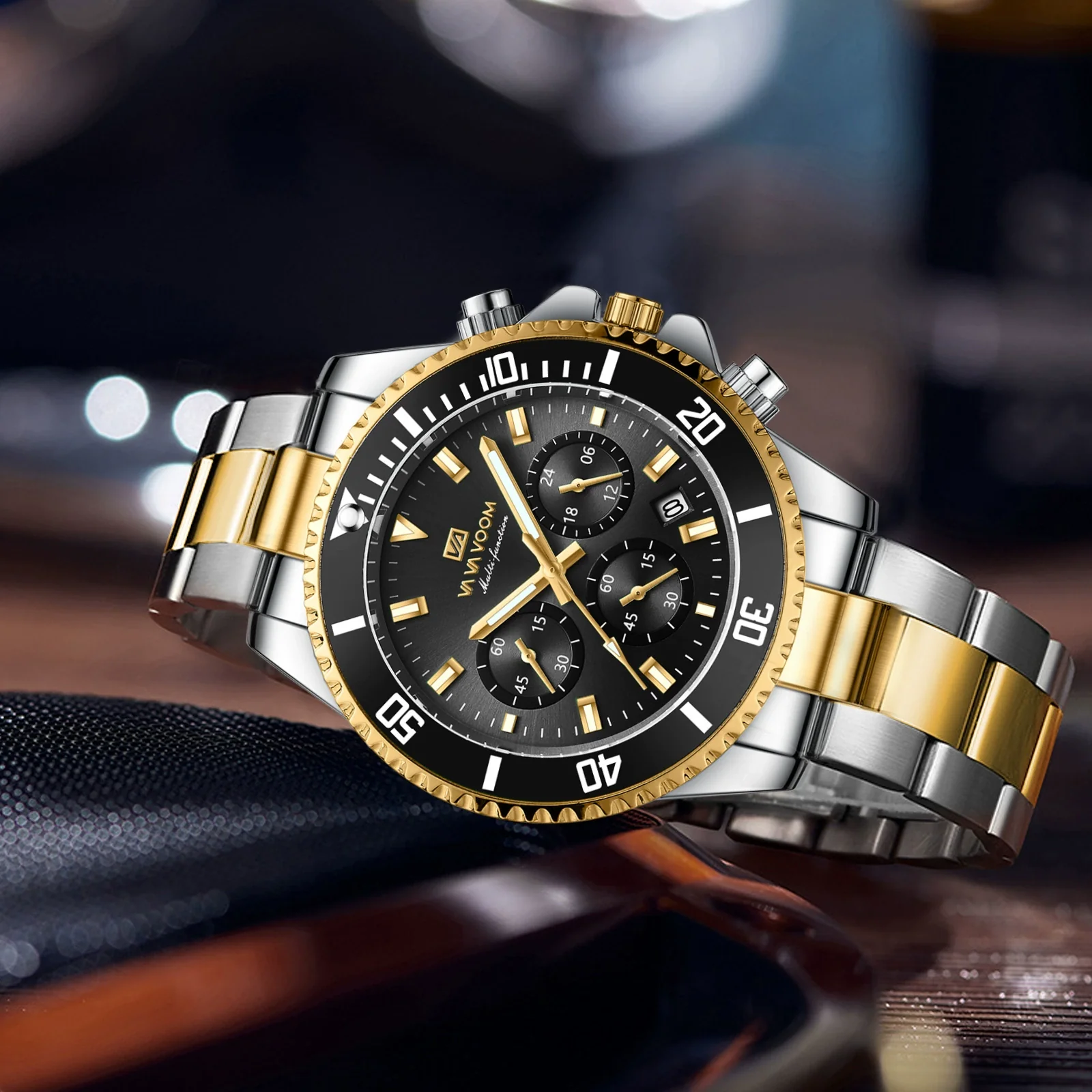 Multifunctional Chronograph Threeeye Quartz Watch Alloy Case Stainless Steel Strap Round Dial Business Style Waterproof Luminous For Men - Image 4