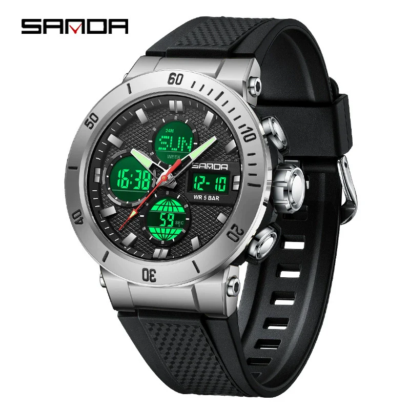 Multifunctional Electronic Men's Watch With Dual Display Round Dial Acrylic Mirror Tpu Strap Abs Material For Outdoor Sports