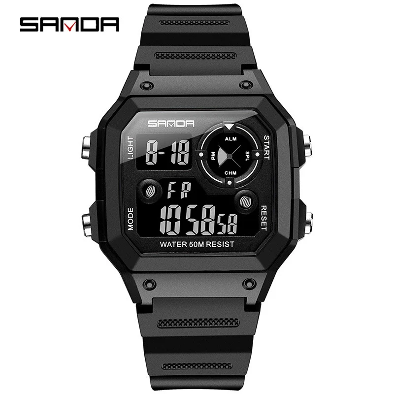 Multifunctional Electronic Waterproof Sports Watch Resin Stainless Steel Round For Men
