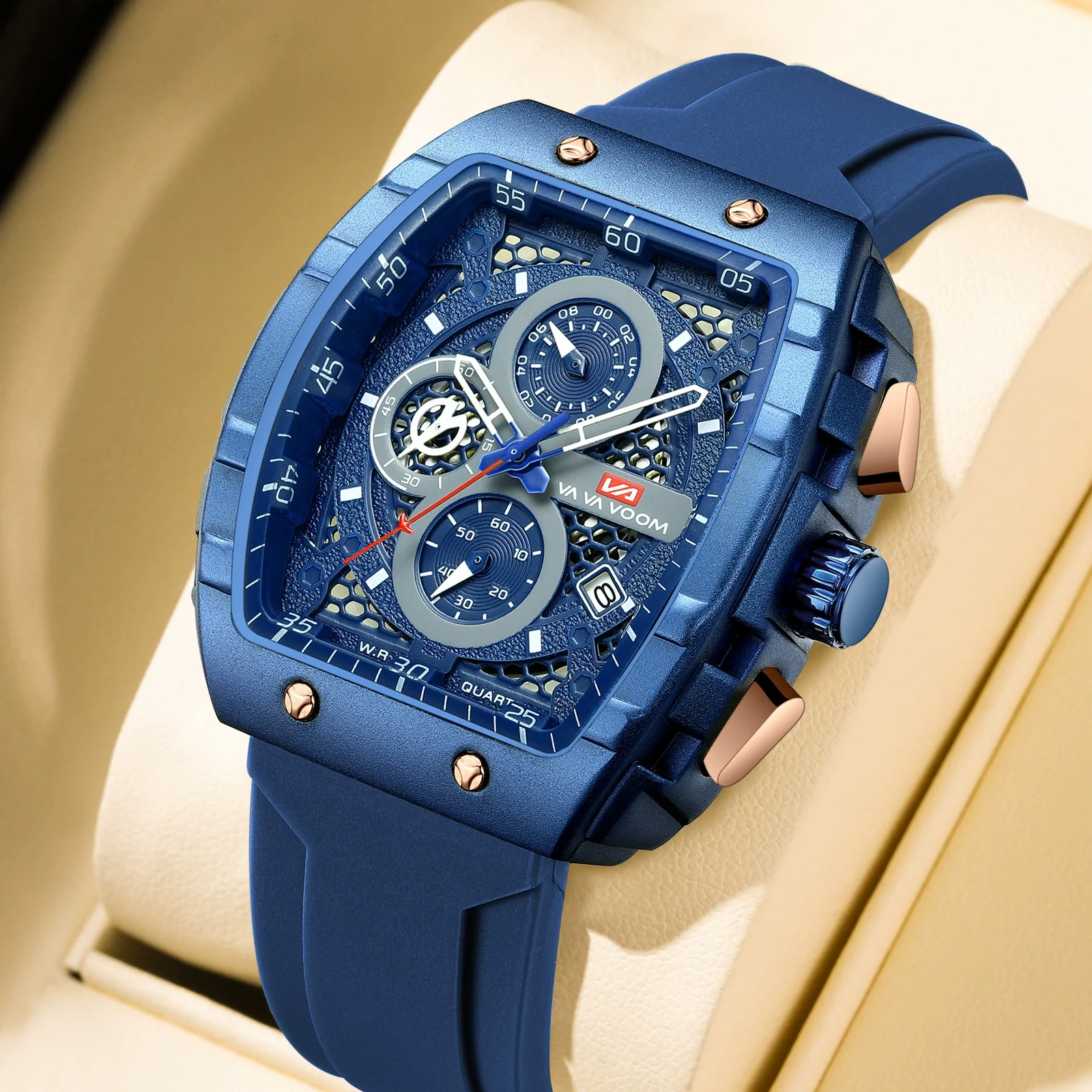 Multifunctional Fashion Business Waterproof Nonautomatic Mechanical Watch Alloy Case Stainless Steel Buckle Silicone Strap Mineral Reinforced Glass Mirror Square Dial