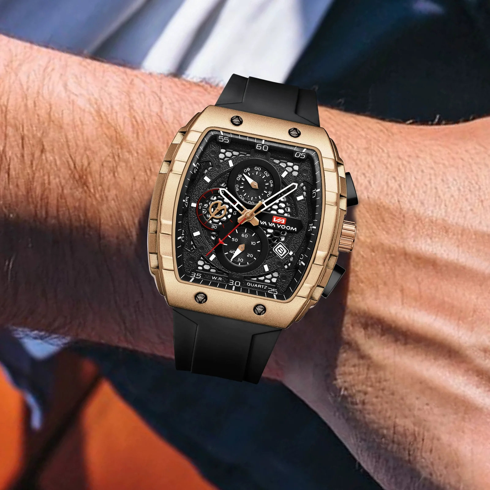 Multifunctional Fashion Business Waterproof Nonautomatic Mechanical Watch Alloy Case Stainless Steel Buckle Silicone Strap Mineral Reinforced Glass Mirror Square Dial - Image 2