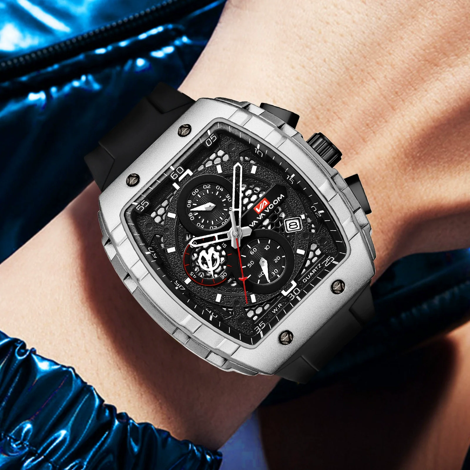 Multifunctional Fashion Business Waterproof Nonautomatic Mechanical Watch Alloy Case Stainless Steel Buckle Silicone Strap Mineral Reinforced Glass Mirror Square Dial - Image 3