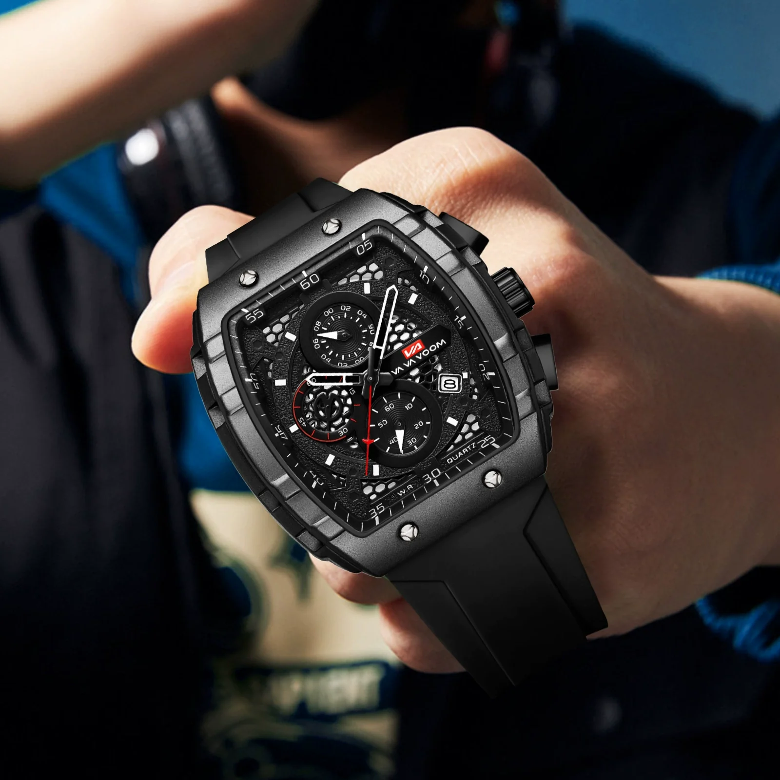 Multifunctional Fashion Business Waterproof Nonautomatic Mechanical Watch Alloy Case Stainless Steel Buckle Silicone Strap Mineral Reinforced Glass Mirror Square Dial - Image 4