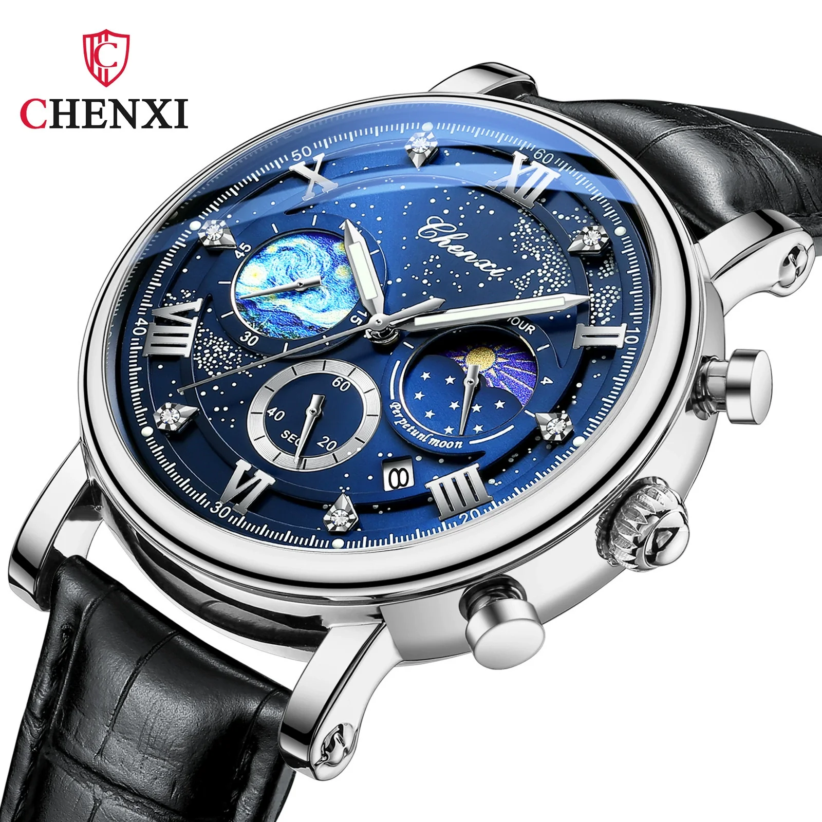 Multifunctional Fashion Men's Alloy Case Genuine Leather Strap Round Dial Quartz Watch With Luminous Chronograph Calendar