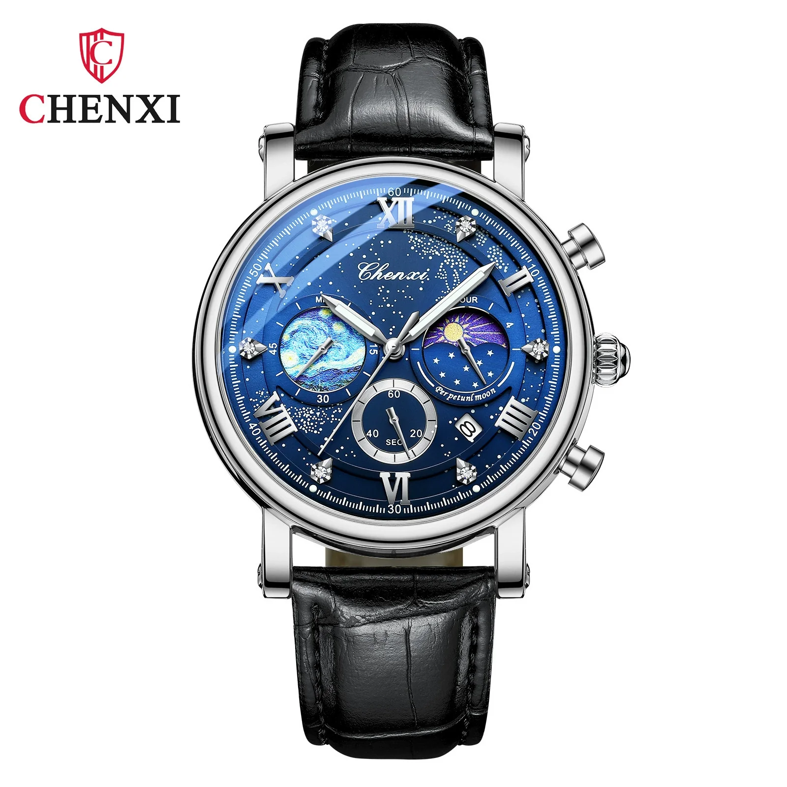 Multifunctional Fashion Men's Alloy Case Genuine Leather Strap Round Dial Quartz Watch With Luminous Chronograph Calendar - Image 5