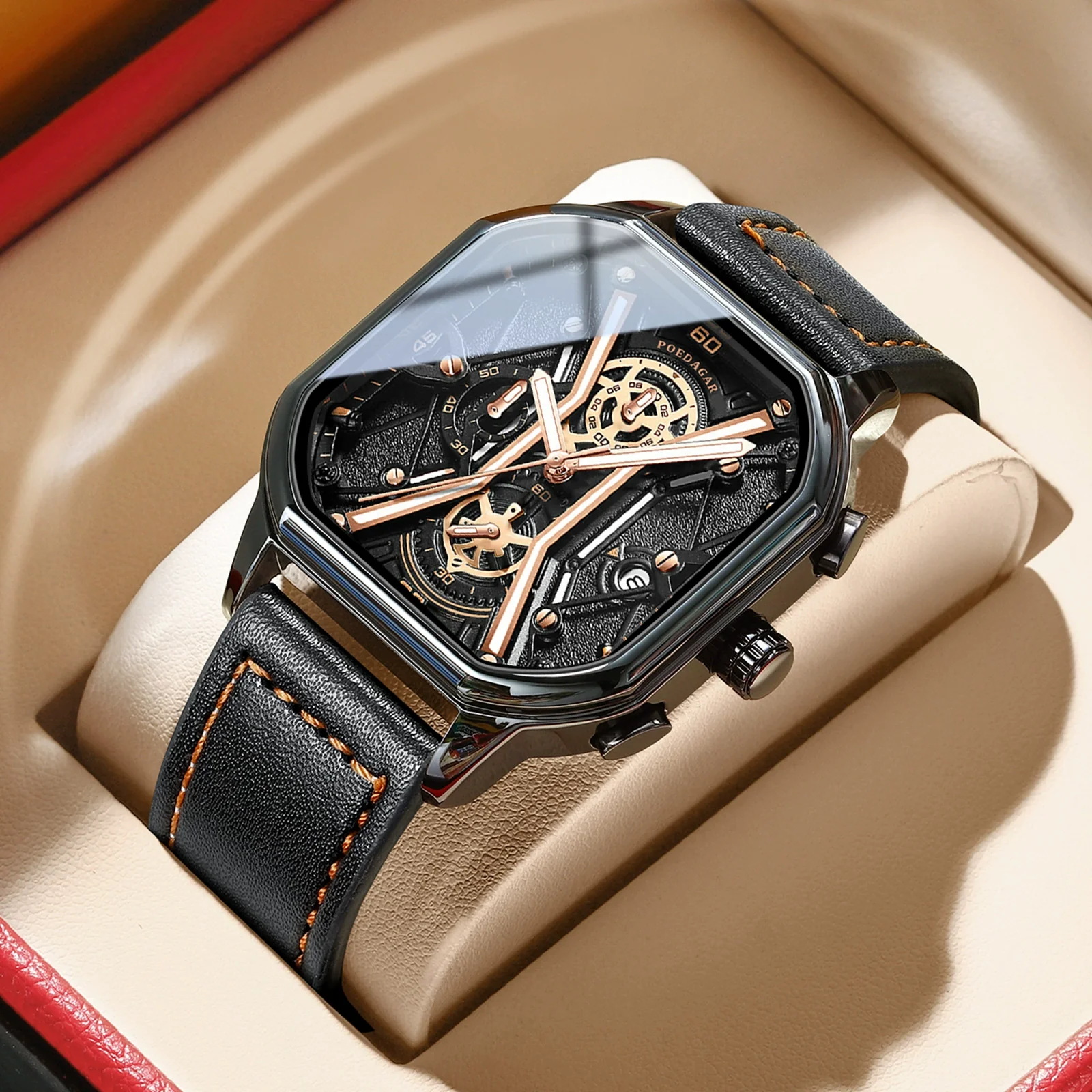 Multifunctional Fashion Men's Watch Alloy Case Stainless Steel Clasp And Strap Square Dial