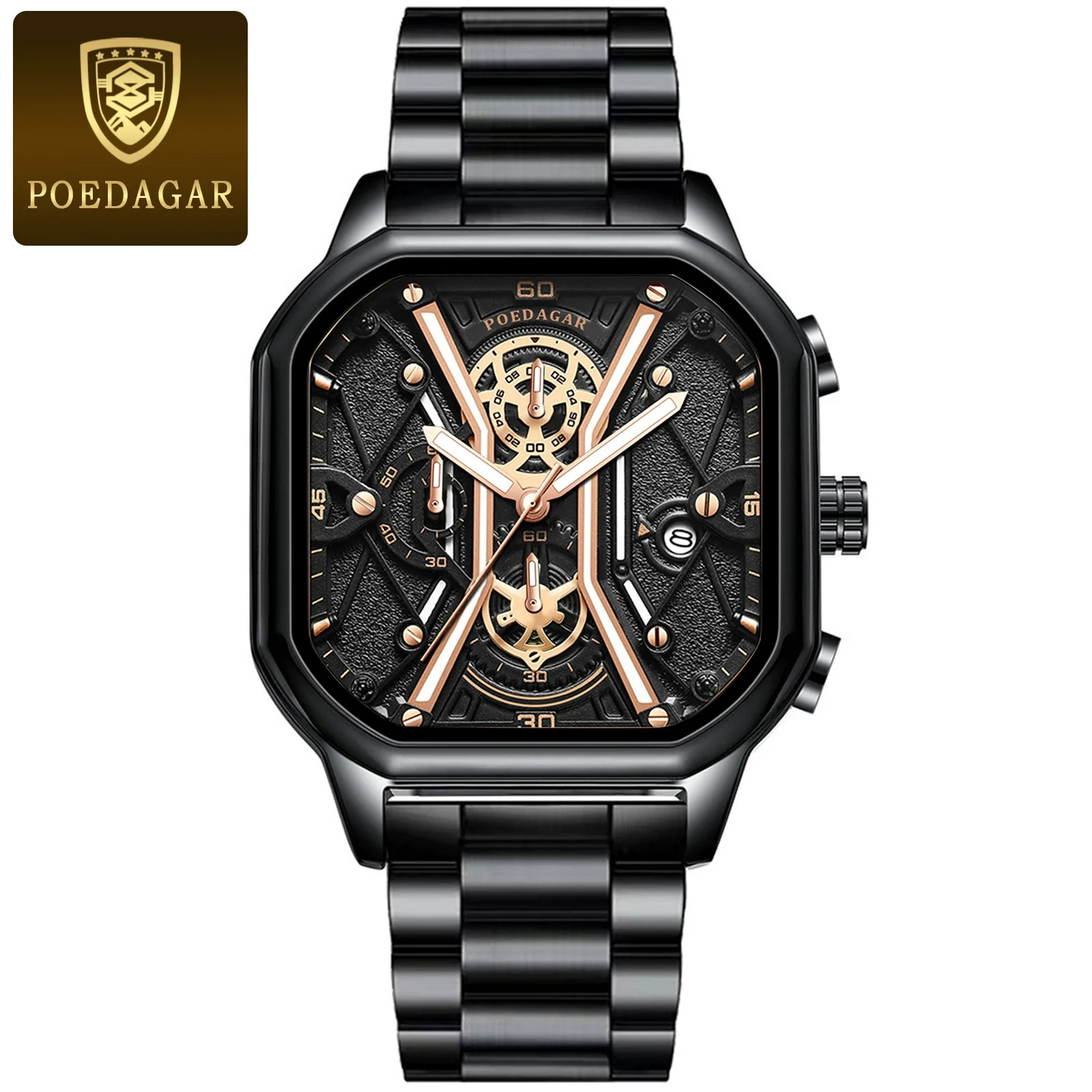 Multifunctional Fashion Men's Watch Alloy Case Stainless Steel Clasp And Strap Square Dial - Image 2