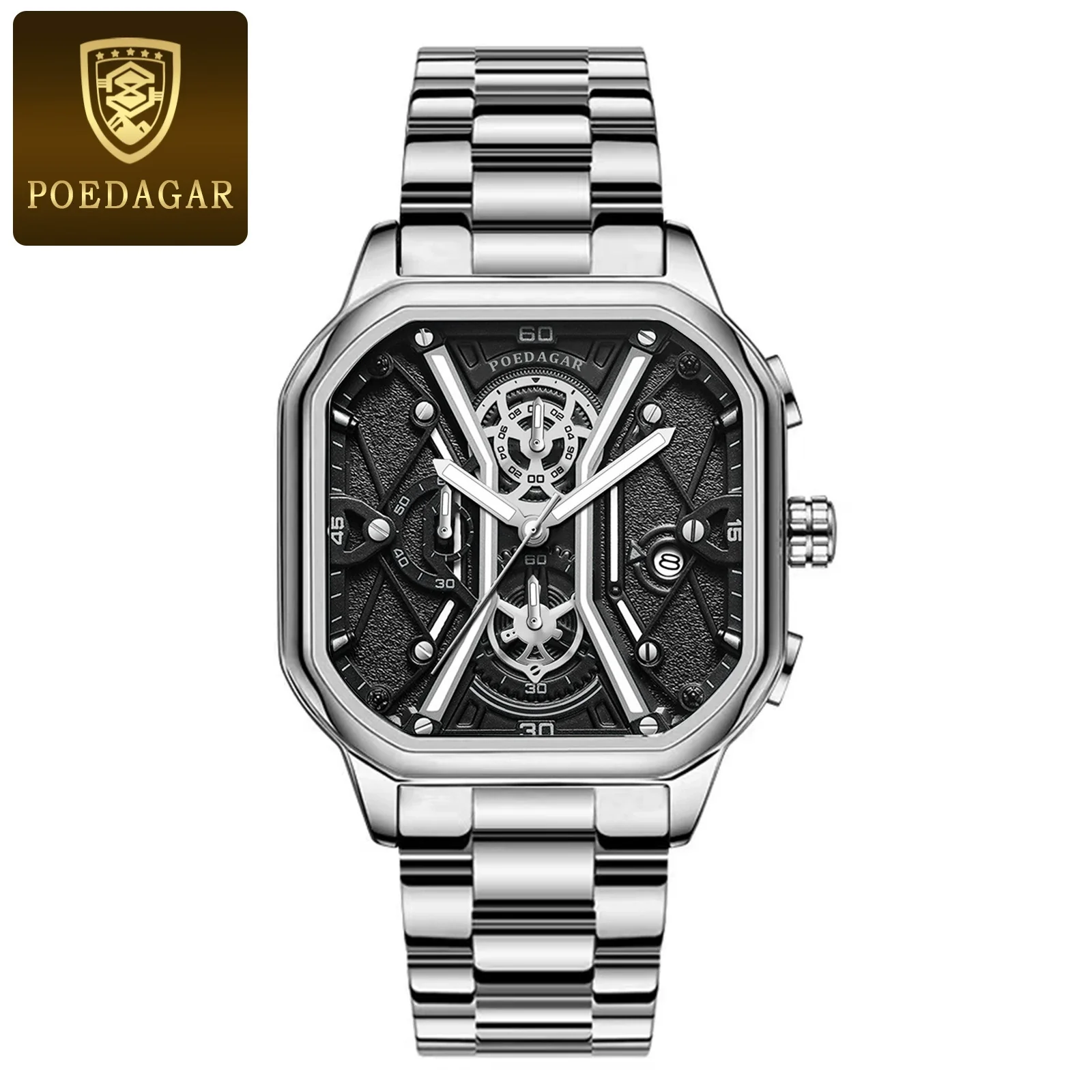Multifunctional Fashion Men's Watch Alloy Case Stainless Steel Clasp And Strap Square Dial - Image 6