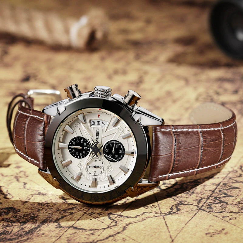 Multifunctional Men's Quartz Watch Casual Fashion Waterproof Alloy Case Genuine Leather Strap Round Dial - Image 3