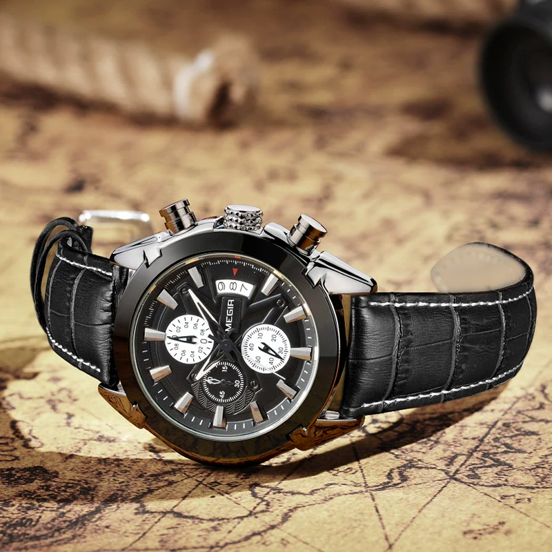 Multifunctional Men's Quartz Watch Casual Fashion Waterproof Alloy Case Genuine Leather Strap Round Dial - Image 4