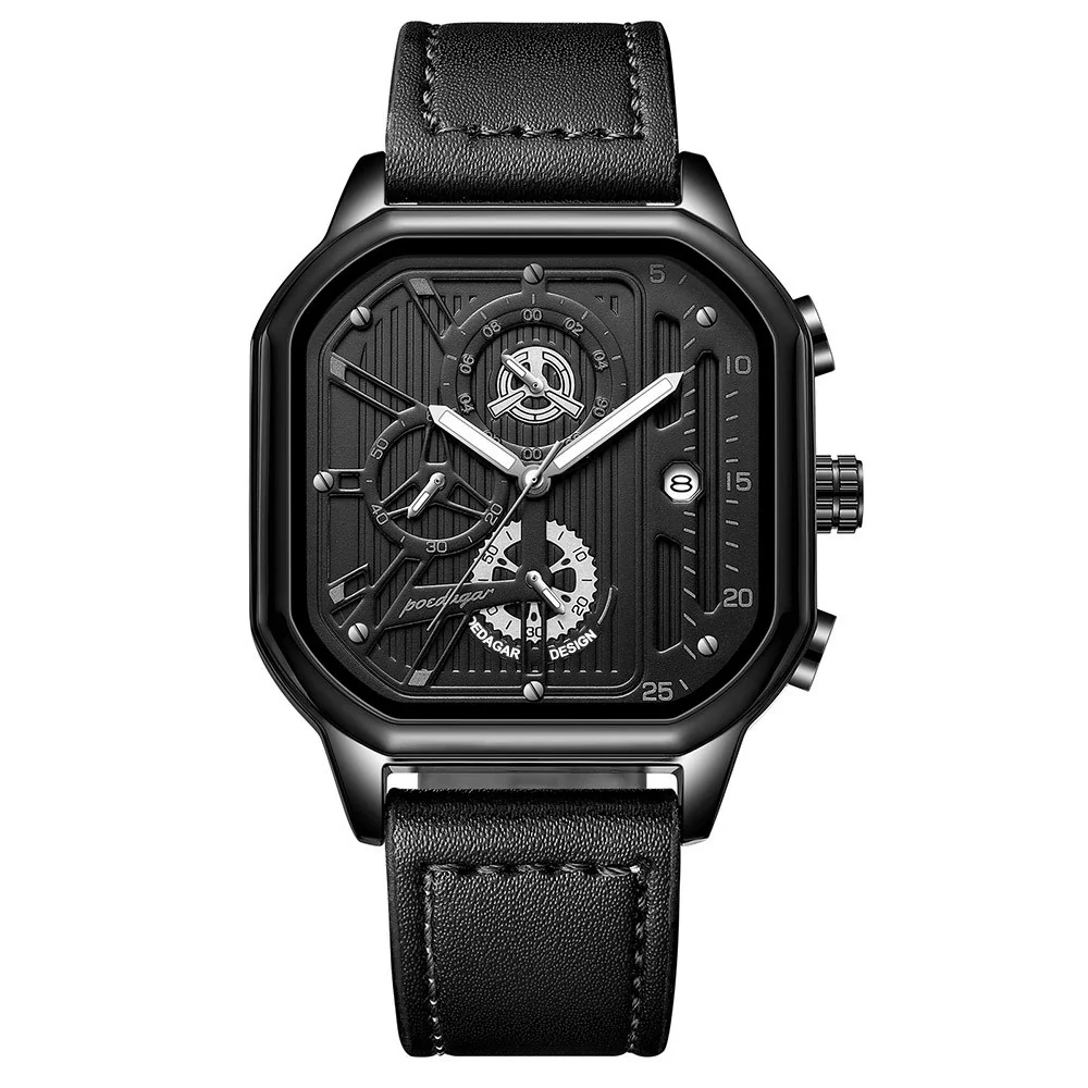 Multifunctional Men's Quartz Watch With Alloy Case Genuine Leather Strap And Square Dial