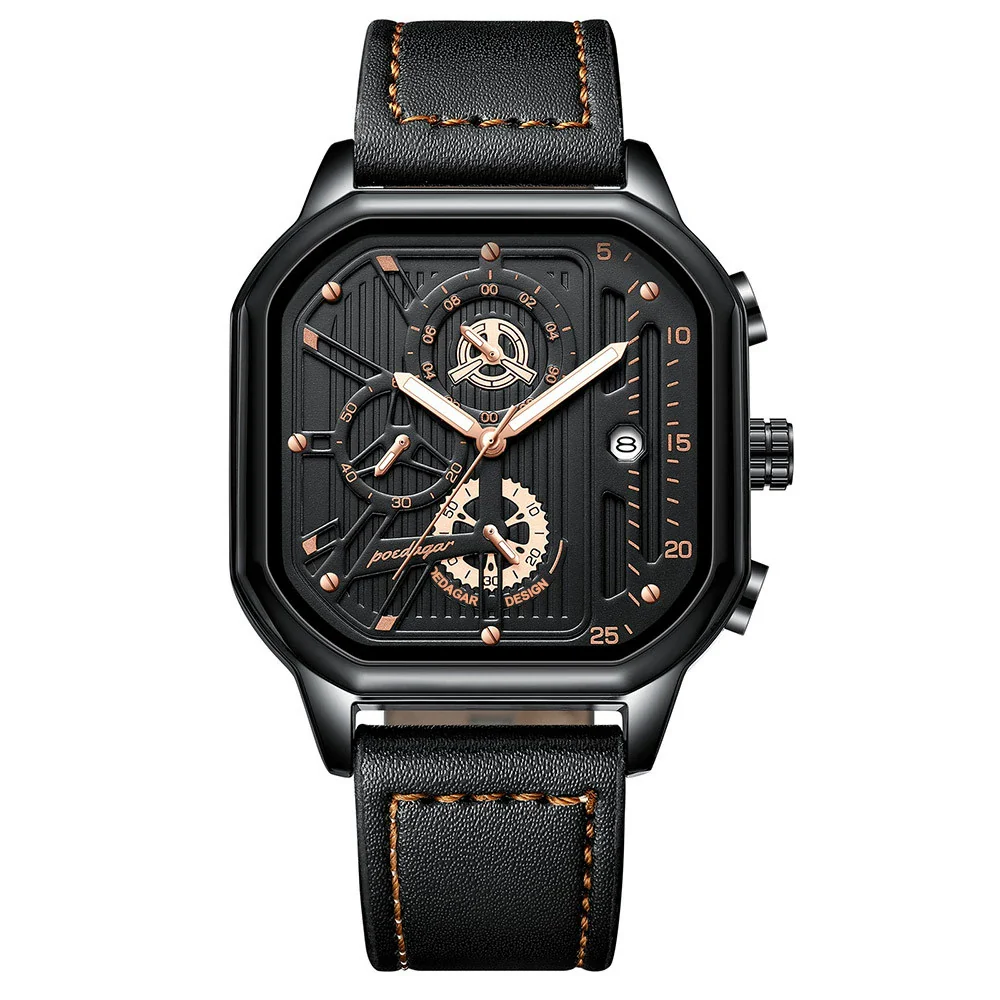 Multifunctional Men's Quartz Watch With Alloy Case Genuine Leather Strap And Square Dial - Image 2