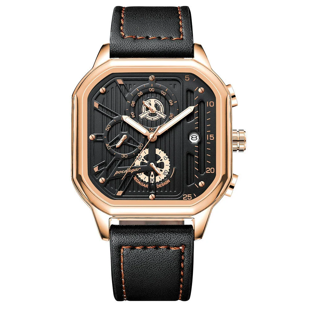 Multifunctional Men's Quartz Watch With Alloy Case Genuine Leather Strap And Square Dial - Image 3