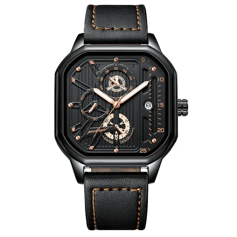 Multifunctional Men's Quartz Watch With Alloy Case Genuine Leather Strap And Square Dial - Image 5