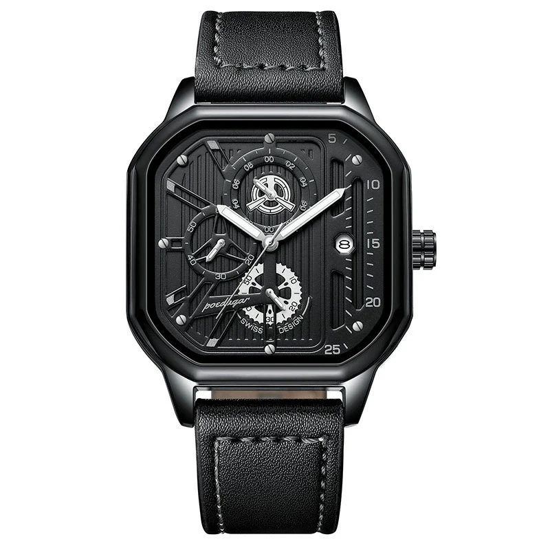 Multifunctional Men's Quartz Watch With Alloy Case Genuine Leather Strap And Square Dial - Image 6
