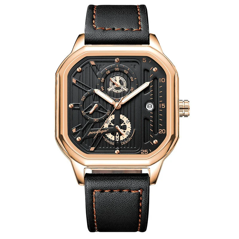Multifunctional Men's Quartz Watch With Alloy Case Genuine Leather Strap And Square Dial - Image 7