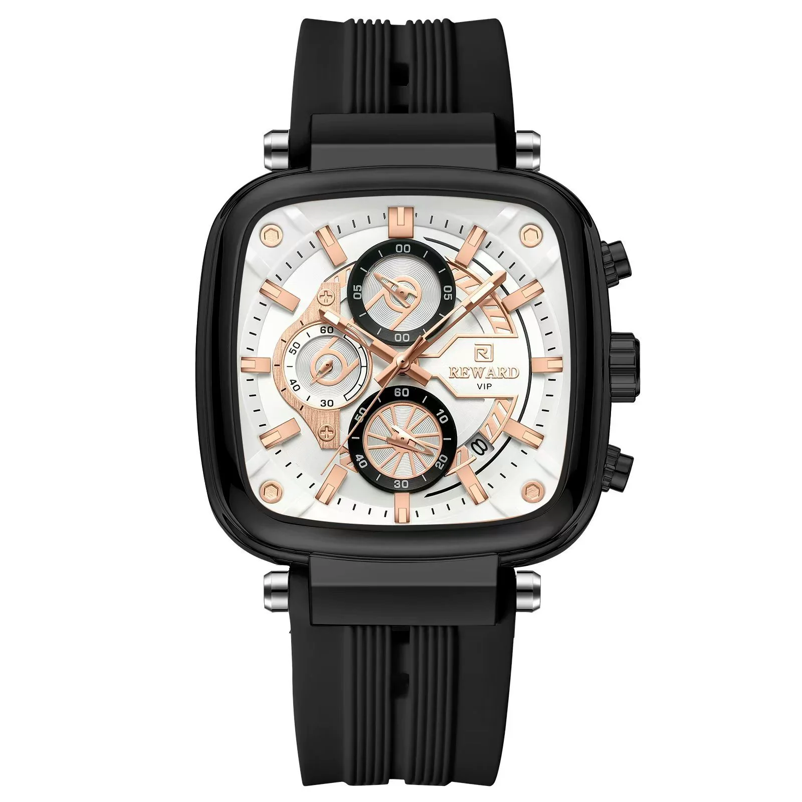Multifunctional Sports Quartz Men's Watch With Silicone Strap Square Shape Waterproof Sixpin Chronograph Alloy Case Mineral Reinforced Mirror Stainless Steel Buckle - Image 10