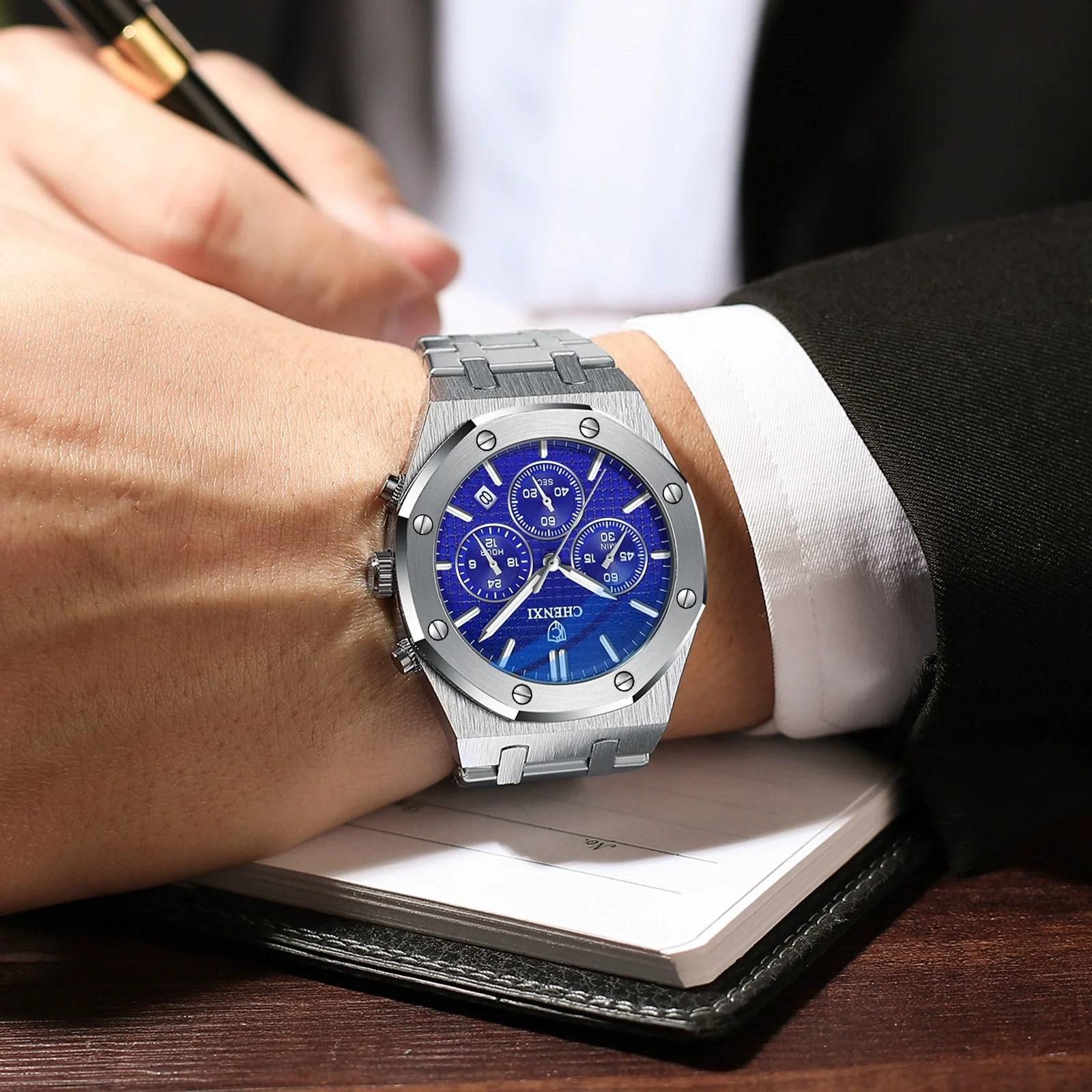 Multifunctional Sports Watch Men's Alloy Case Stainless Steel Band Octagon Dial Waterproof Quartz Watch