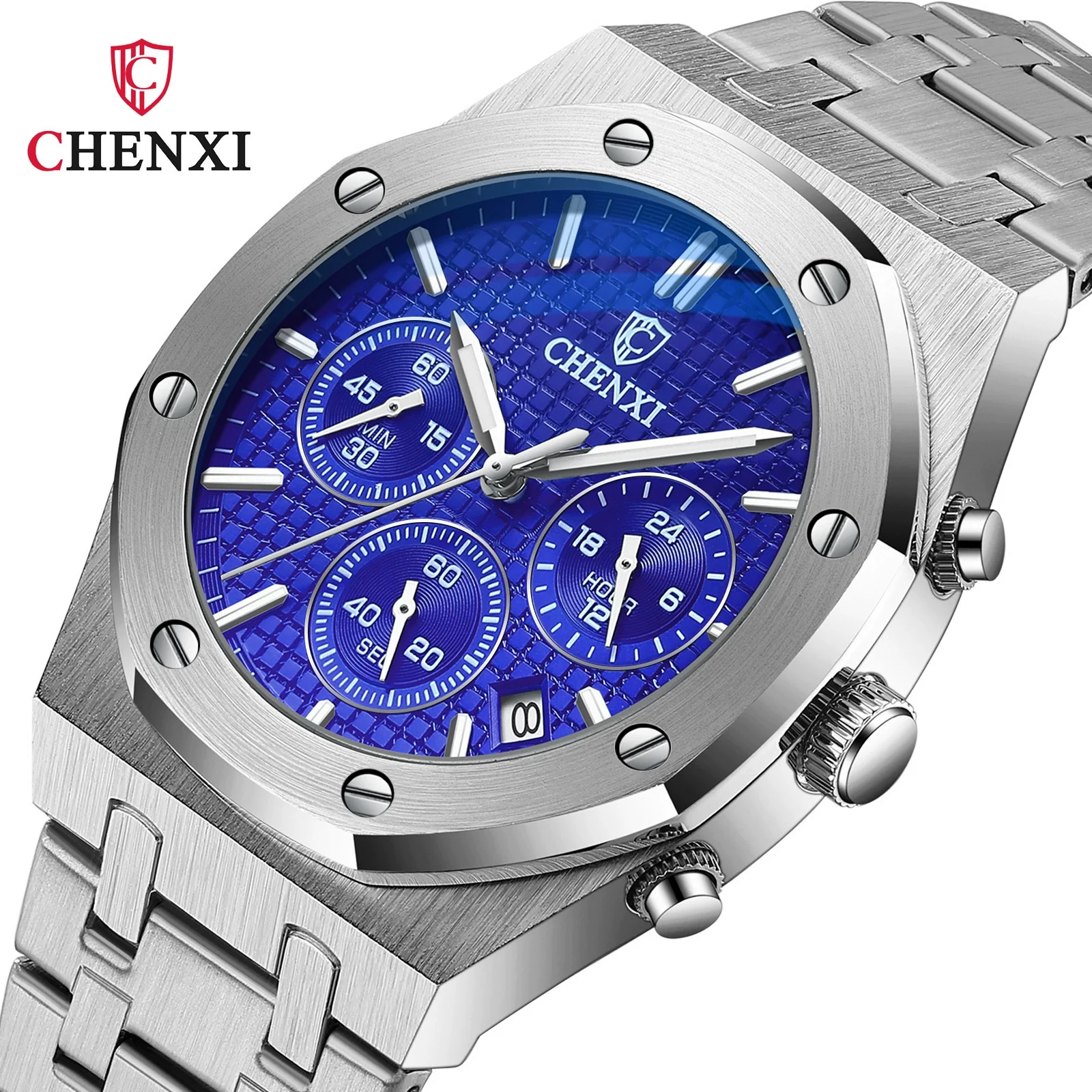 Multifunctional Sports Watch Men's Alloy Case Stainless Steel Band Octagon Dial Waterproof Quartz Watch - Image 5