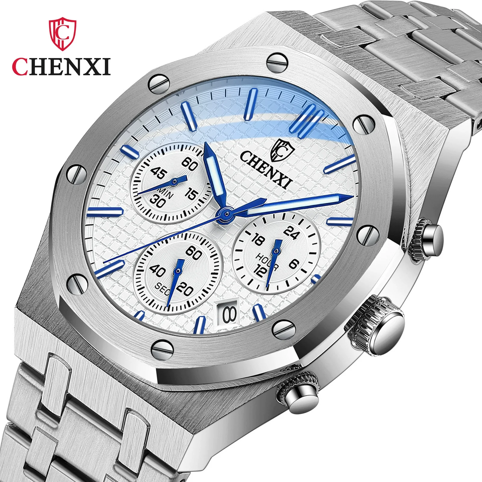 Multifunctional Sports Watch Men's Alloy Case Stainless Steel Band Octagon Dial Waterproof Quartz Watch - Image 6
