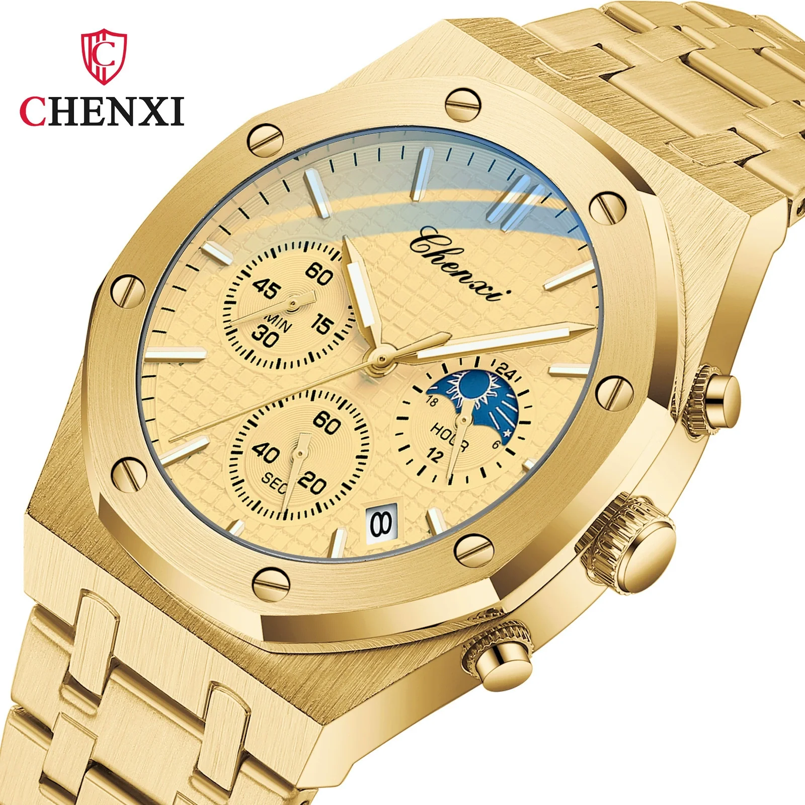 Multifunctional Sports Watch Men's Alloy Case Stainless Steel Band Octagon Dial Waterproof Quartz Watch - Image 7