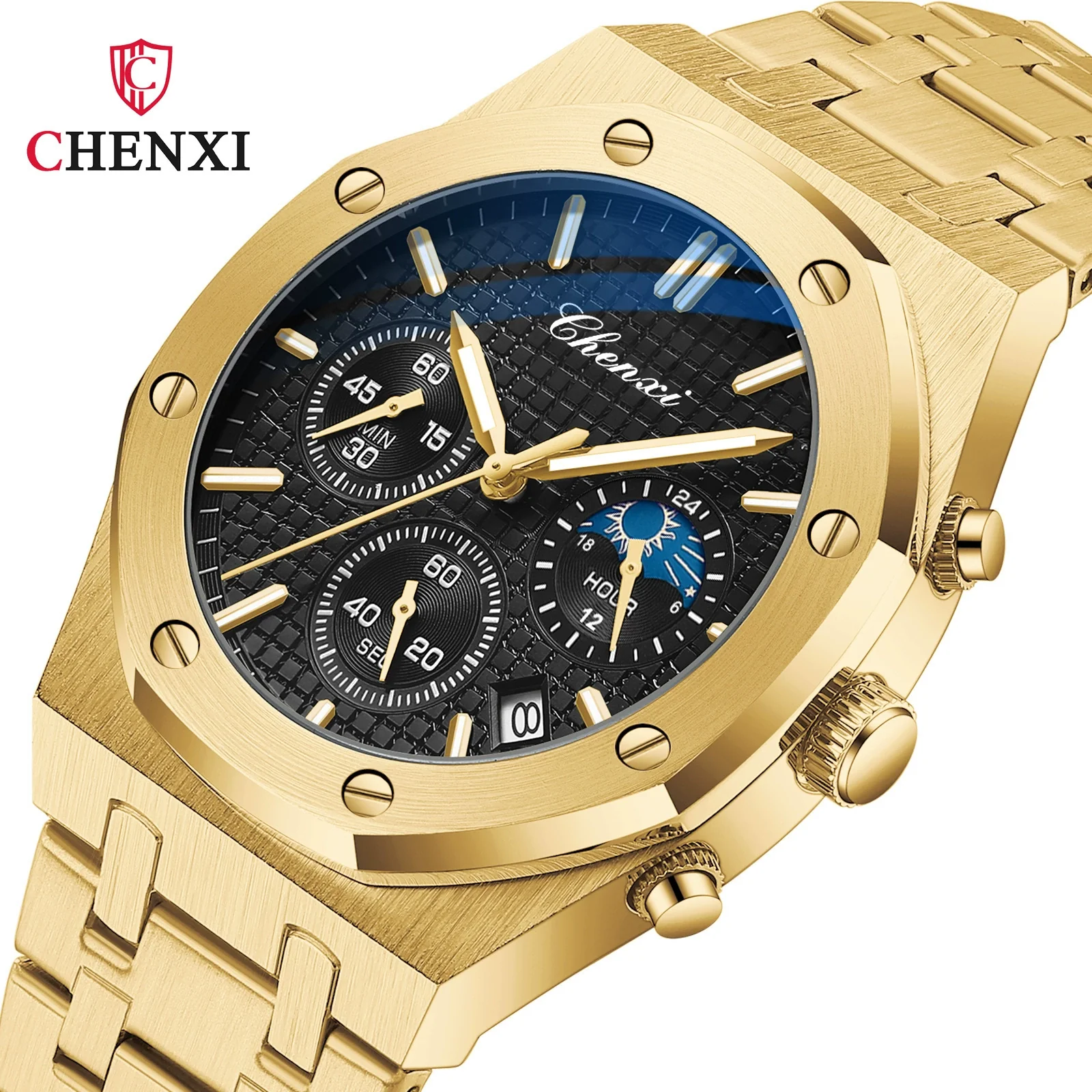 Multifunctional Sports Watch Men's Alloy Case Stainless Steel Band Octagon Dial Waterproof Quartz Watch - Image 8