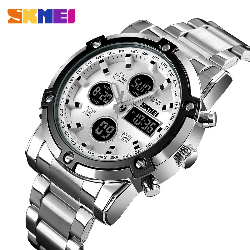 Multifunctional Stainless Steel Belt Waterproof Men's Leisure Square Dial Double Luminous Chronograph Sports Electronic Watch - Image 2